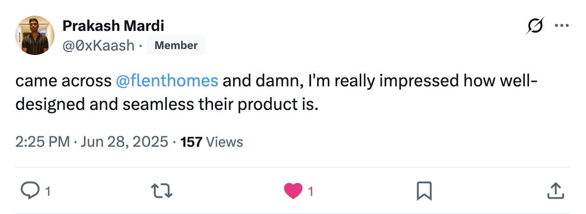 Social proof from a Flent tenant on X